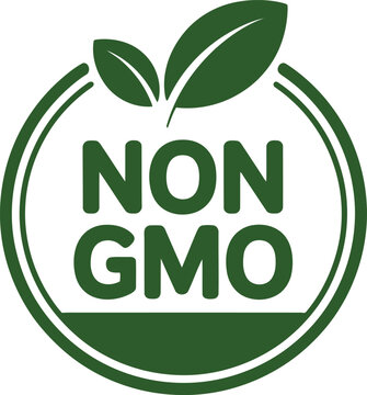 Non GMO certified label with green leaves icon for organic natural food packaging and healthy product branding