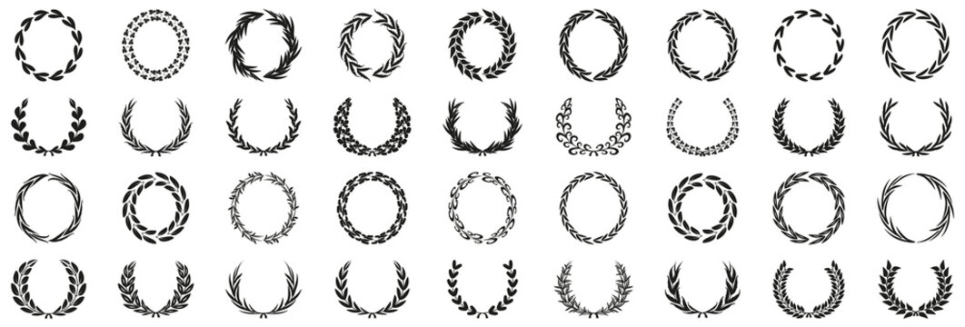 Laurel wreath frames collection. Elegant circular leaf arrangements in various styles for awards logos emblems and decorative compositions