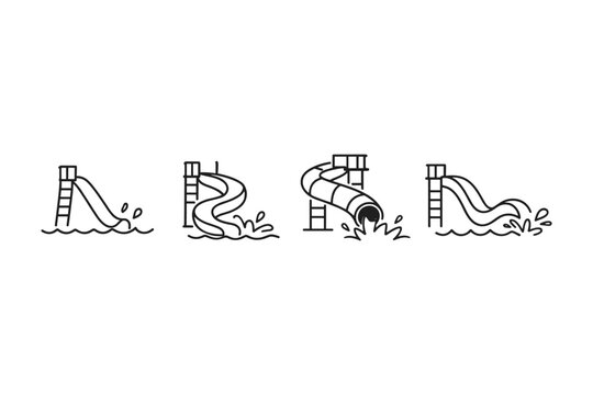 Collection of stylized water slides with splashing water at the bottom