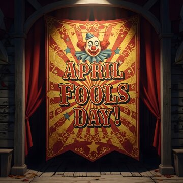 Vertical Vintage Circus Poster for April Fools Day with Red Theater Curtains and Clown Illustration