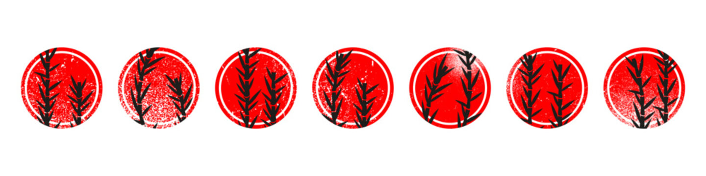 Abstract grunge circle set. Red textured round shapes with plant silhouettes for artistic stamps and decorative background elements