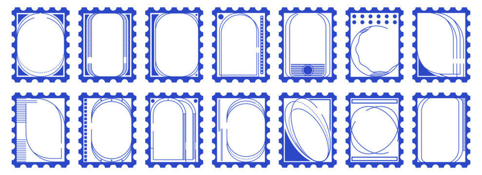 Postage stamp frame collection. Blue outline borders with perforation edges for mail themed design and decorative elements