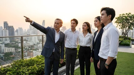 Obraz na płótnie Canvas A business leader points to the city skyline while a team looks on from a rooftop at sunset