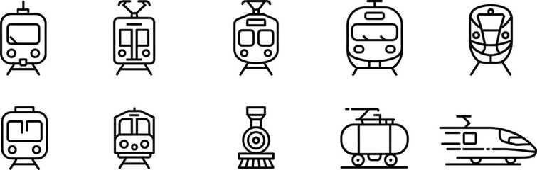 Train transport icon set, railway vehicle symbols collection, metro locomotive vector line icons, minimal outline design elements transportation pack © LT studio