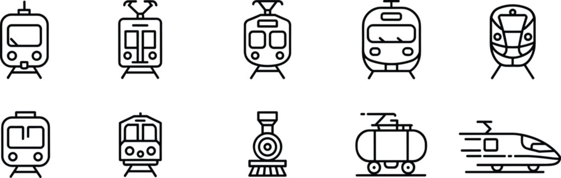 Train transport icon set, railway vehicle symbols collection, metro locomotive vector line icons, minimal outline design elements transportation pack