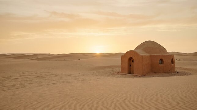 Small desert hut with domed roof at sunset in sandy landscape with orange sky and clouds.