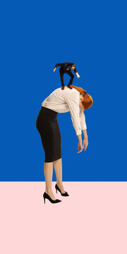 Businessman speaking through megaphone while standing on employee back on minimal background. Concept of communication hierarchy, leadership messaging, influence and top down management style.