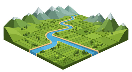 Isometric Landscape With River and Mountains. © Mukri