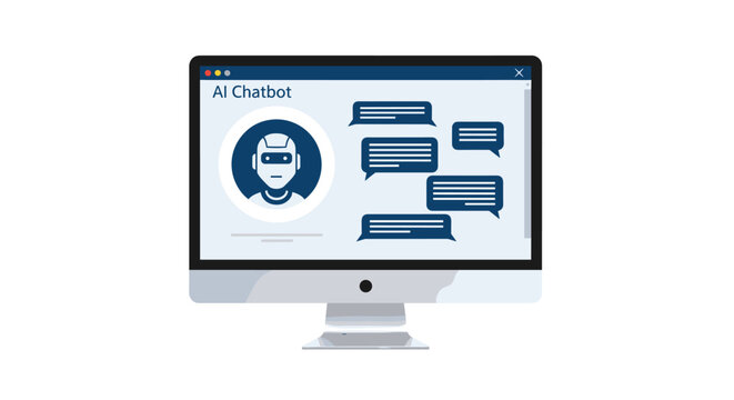 A sleek silver monitor displays a clean AI chatbot interface with a blue robot avatar and multiple chat bubbles.