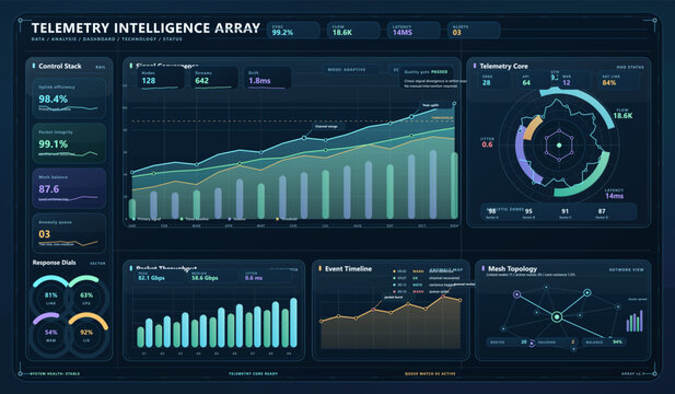 Futuristic telemetry intelligence dashboard interface with neon data charts, system metrics, network topology and analytics panels in dark blue HUD style for advanced monitoring