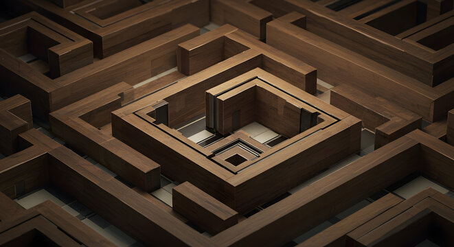 Intricate wooden maze with a central square, creating a complex geometric pattern