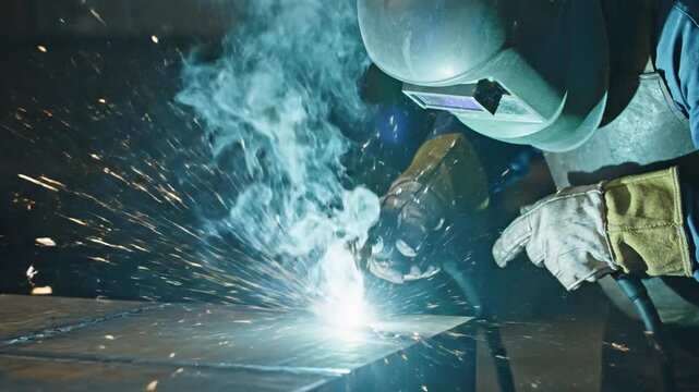 Welder sparks metal indoors.