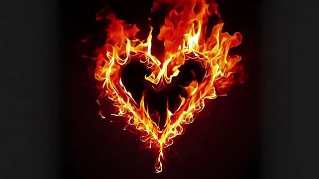 Burning Heart Symbol of Love and Passion on Black Background Loop