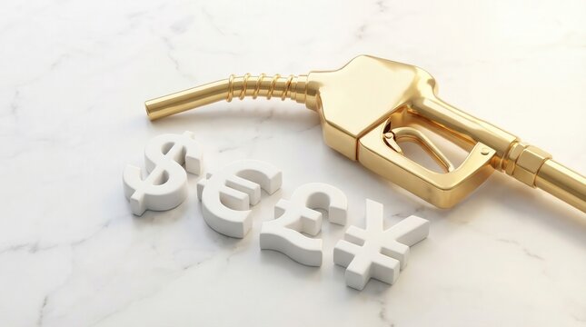 Fuel price and energy cost concept with golden gas pump nozzle and 3D currency symbols, 3D render. Global economic impact of oil industry and expensive gasoline prices.