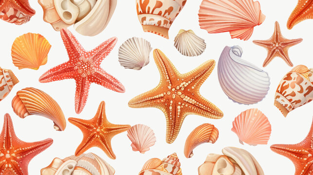 Watercolor sea shells and starfish seamless pattern design on white background