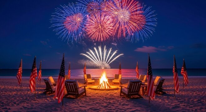 Spectacular fireworks light up the night sky over a beach bonfire with patriotic flags.