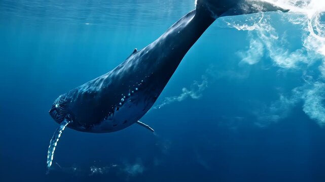 Majestic Humpback Whale Swimming in Blue Water with Sun Rays