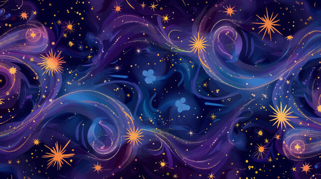 Abstract celestial illustration with swirling nebulas and glittering stars in space