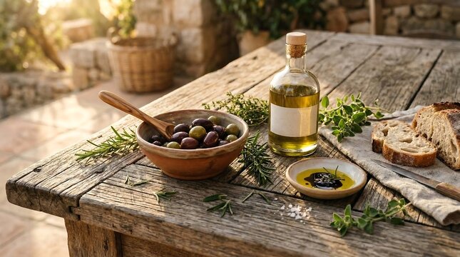 Still life of olives, olive oil, and bread on a rustic wooden table with a blurred outdoor background and warm sunlight.