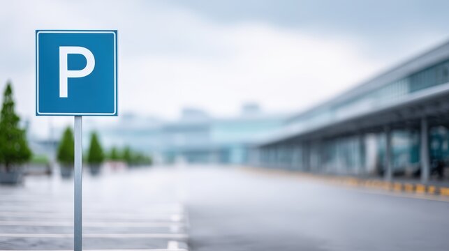 Airport parking sign with a blue background indicating parking area, surrounded by empty parking spaces and modern airport architecture in the background under cloudy skies
