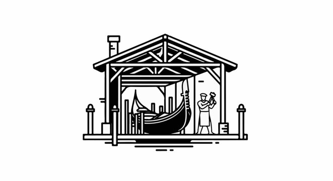 Gondola workshop with craftsman hammering on a boat