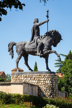 Telavi, Georgia - July 12, 2025: Monument of king Erekle II. Beautiful view of Kakheti landscape from Telavi. Vertical frame