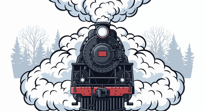 Front view of a steaming vintage train against a backdrop of winter trees