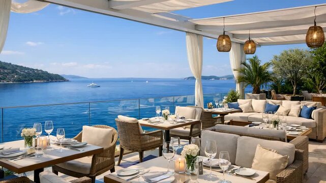 Luxury seaside restaurant terrace with ocean view elegant dining tables sunny coastal resort scene