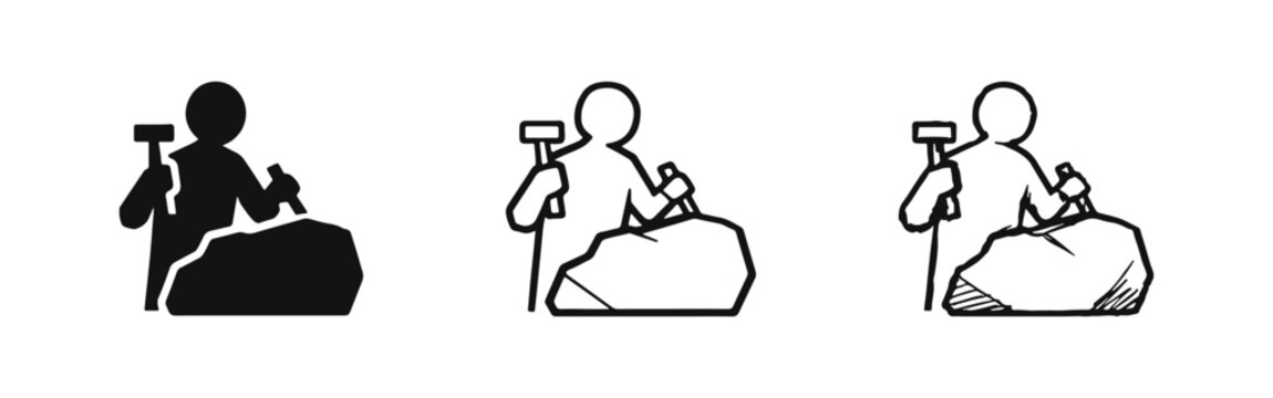 Stone carver working with hammer and chisel on a rock icon set in solid, outline, and doodle styles.