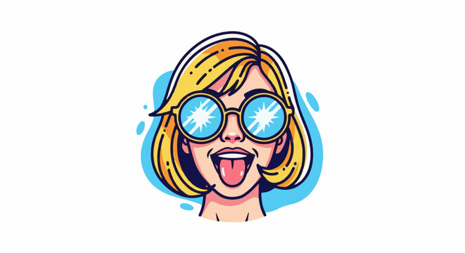 Funky blonde woman with big round glasses sticking out her tongue
