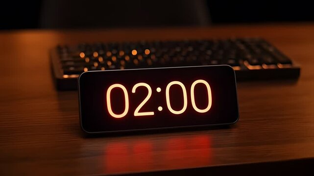 A digital clock displaying 02:00 on a desk with a keyboard in the background in a dark room with video recording