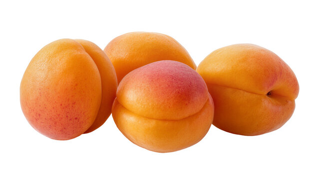 Four ripe fuzzy apricots with orange and pink hues, isolated on transparent background