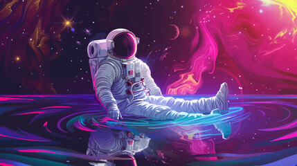 Astronaut relaxing in a colorful cosmic sea illustration with vibrant colors © Mangku