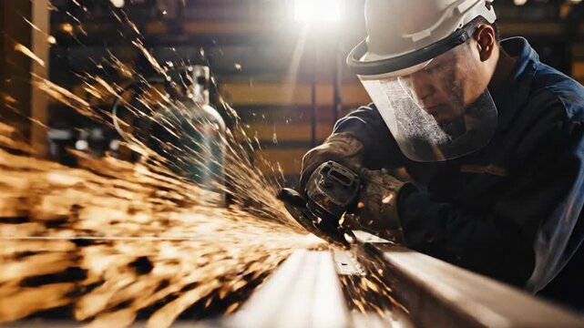 Metal worker sparks grind.
