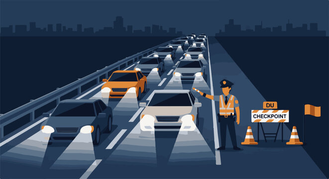 Nighttime traffic jam at a DUI checkpoint with a police officer directing cars