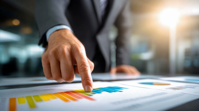 sales strategy success, professional hands of an account executive point confidently at a vibrant sales chart sharp focus, modern office background success and strategy