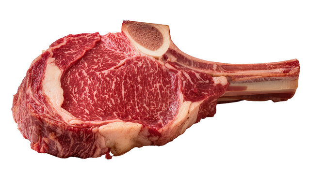 Raw marbled ribeye steak with bone, isolated on transparent background