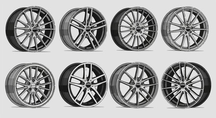 Fototapeta premium Eight distinct car wheel designs arranged in two rows of four each
