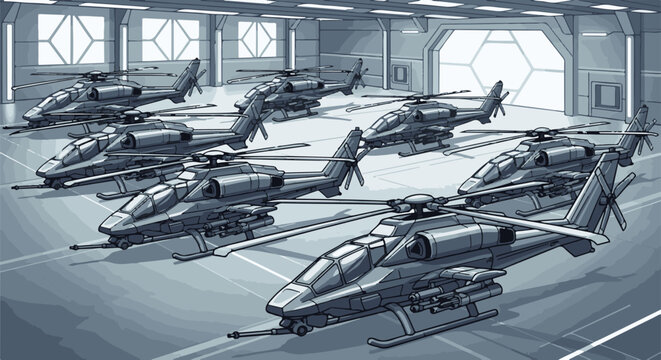Futuristic hangar filled with advanced military attack helicopters ready for deployment
