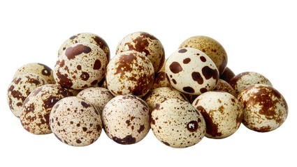Obraz premium Pile of speckled quail eggs, isolated on transparent background