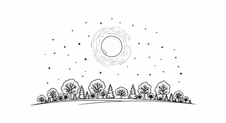 Fototapeta premium Stylized line art depicting a wooded landscape under a starry sky with a circular, textured sun