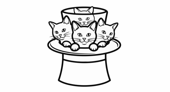 Four kittens peeking out of a top hat