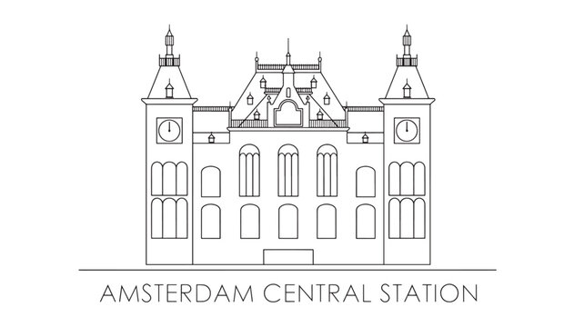Amsterdam Central Station architectural illustration with clock towers and arched windows, presented as a clean line drawing.