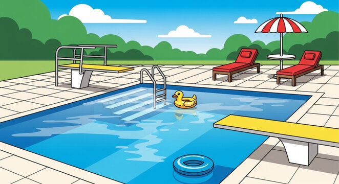 Cartoon swimming pool with diving board and lounge chairs.
