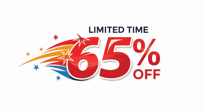 Dynamic graphic display featuring "Limited Time 65% Off" with vibrant, star-like bursts