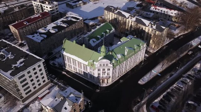 4K Aerial of Historic Seamen's Home in Tallinn, Architect Jacques Rosenbaum, Neoclassical Green Roof Architecture, Estonia 2026.