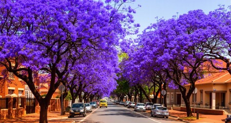 Fototapeta premium Purple blue Jacaranda mimosifolia bloom in Johannesburg and Pretoria street during spring in October in South Africa 