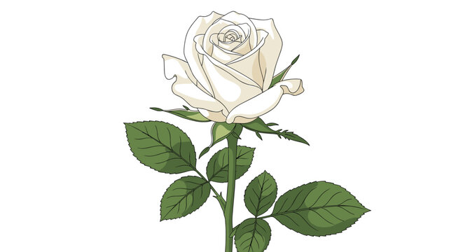 Elegant single white rose in full bloom with a long green stem and thorns shown against a minimalist white background for design.