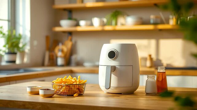 Modern kitchen countertop with air fryer and freshly cooked fries in basket with condiments and warm natural light creating cozy cooking scene