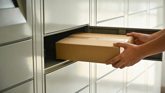 A person places a cardboard package into a delivery locker. The scene shows a modern, organized storage area for parcels.